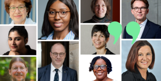 Collage mit 10 Portraits und großen grünen Anführungszeichen